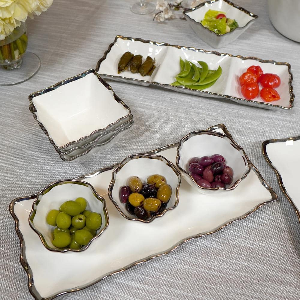 White and Silver Ceramic Serving Tray with Condiment Bowls