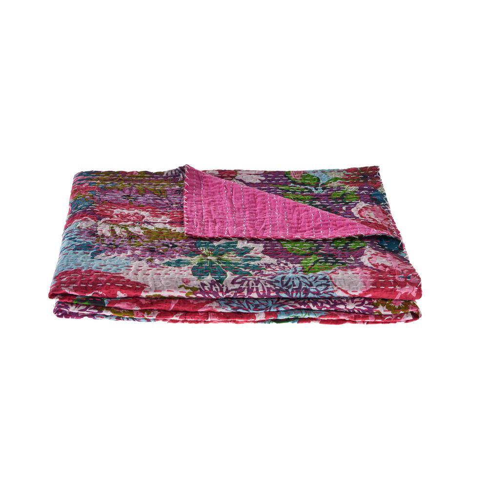Hand-Stitched Multicolor Floral Cotton Throw Blanket