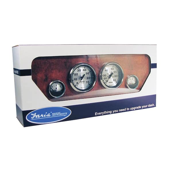 Faria Spun Silver Outboard 4-Gauge Boxed Set - Speedometer/Tachometer/Fuel Level/Voltmeter