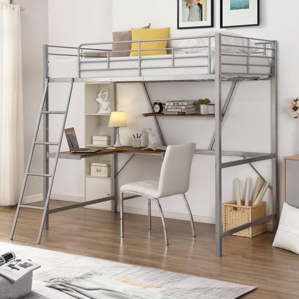 Silver Twin Metal Loft Bed With L, Twin Loft Bed With L Shaped Desk