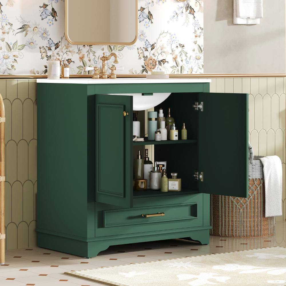 30.5 in. W x 18.4 in. D x 33.9 in. H Freestanding Bath Vanity in Green with White Ceramic Top(Unassembled)