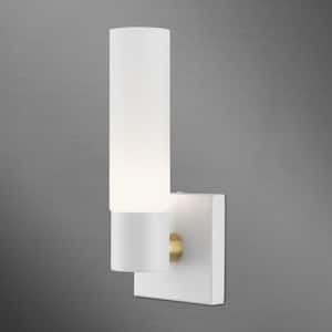 Aspen 11.25 in. 1-Light Textured White ADA Wall Sconce with Satin Opal White Twist Lock Glass