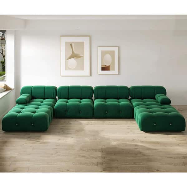 Magic Home 139 in. Square Arm 6-Piece Velvet U-Shaped Sectional Sofa in Green