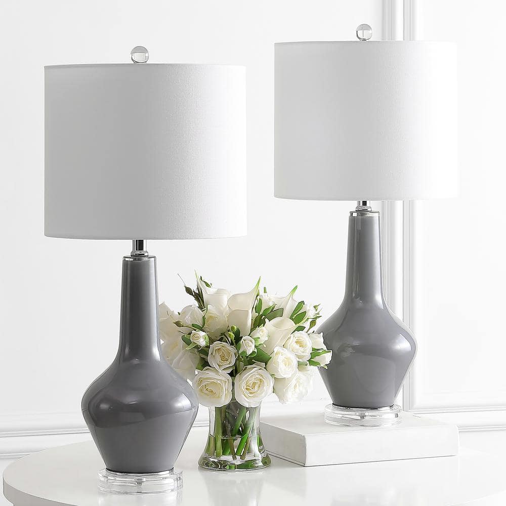 Elegant Smoked Grey Glass Table Lamp Set with White Drum Shade