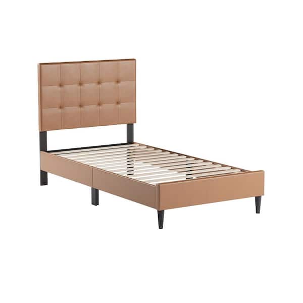 Brookside Mary Brown Faux Camel Frame Twin Platform Bed with Square Tufted Headboard