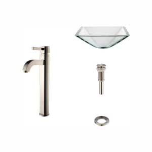 Square Glass Vessel Sink in Clear with Ramus Faucet in Satin Nickel