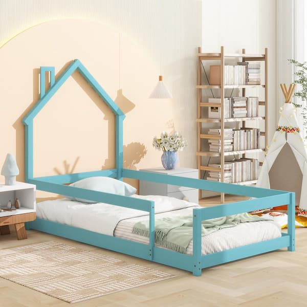 Light Blue Wood Frame Twin Platform Bed with House-Style Headboard and Guardrails, Solid Wood for Kids, Toddlers, Teens