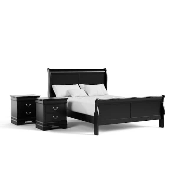 Furniture of America Burkhart 3 Piece Black Wood Queen Bedroom Set with 2 Nightstands