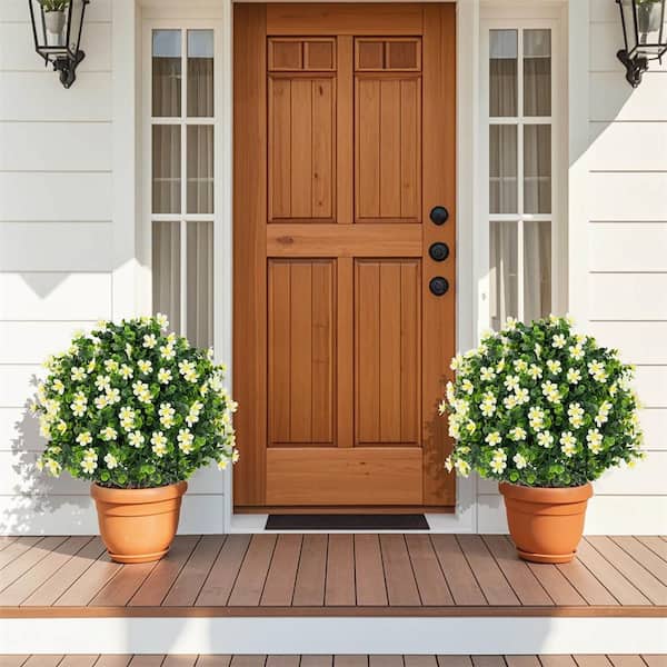 2 Pack 1.8 ft. Artificial Boxwood Topiary Ball Tree Faux Shrub Bushes with Flowers White