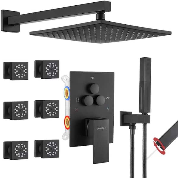 Vanfoxle Single Handle 3-Spray Shower Faucet 1.8 GPM 10 in. Square Wall Mounted with Pressure Balance in. Matte Black with 6-Jet