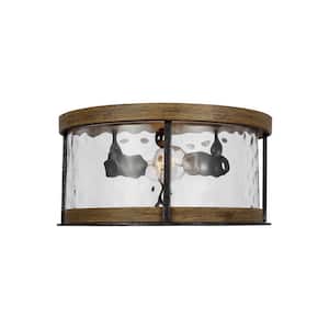 Angelo 13.75 in. 2-Light Distressed Weathered Oak and Slate Grey Metal Flush Mount with Thick Wavy Glass Shade