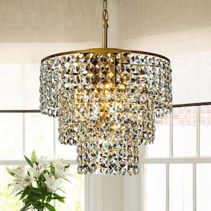 5-Light 17.7 in. Antique Gold Cone Shape Tiered Chandelier With Clear Crystals Beads