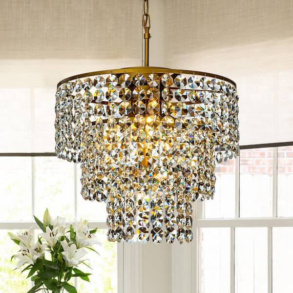 ALOA DECOR 5-Light 17.7 in. Antique Gold Cone Shape Tiered Chandelier With Clear Crystals Beads