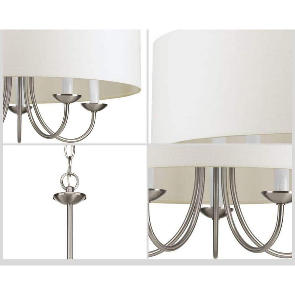 Brushed Nickel Drum Shade 5-Light Pendant with White Linen