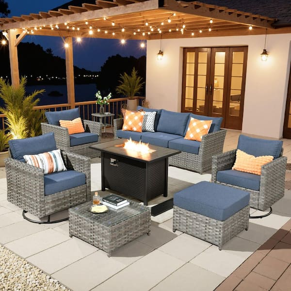 XIZZI Boreas 10-Piece Wicker Patio Rectangular Fire Pit Set with Denim Blue Cushions and Swivel Rocking Chairs
