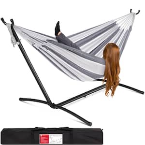 9.5 ft. 2-Person Brazilian-Style Cotton Double Hammock Bed with Stand Set with Carrying Bag in Steel