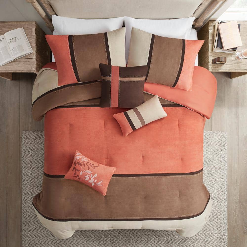 Queen Coral and Brown Microfiber Reversible Comforter Set