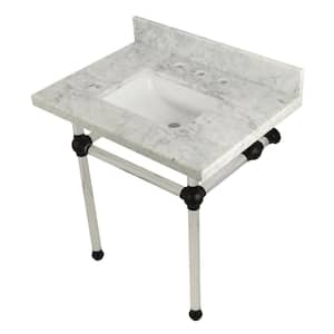 Square-Sink Washstand 30 in. Console Table in Carrara Marble with Acrylic Legs in Matte Black
