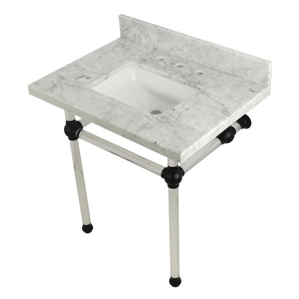 Kingston Brass Square-Sink Washstand 30 in. Console Table in Carrara Marble with Acrylic Legs in Matte Black
