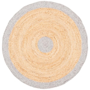 Braided Silver Natural 4 ft. x 4 ft. Solid Border Round Area Rug