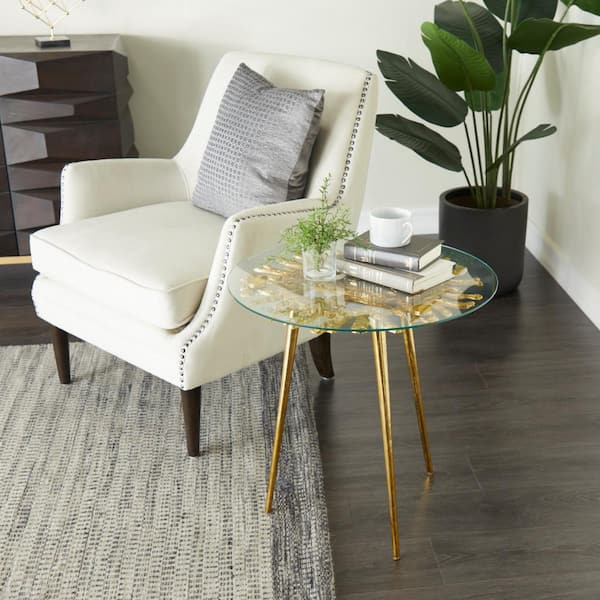 Litton Lane 22 in. Gold Large Round Glass End Accent Table with Clear Glass Top