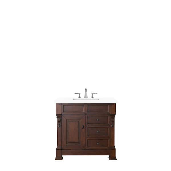 James Martin Vanities Brookfield 36.0 in. W x 23.5 in. D x 34.3 in. H Bathroom Vanity in Warm Cherry with White Zeus Quartz Top