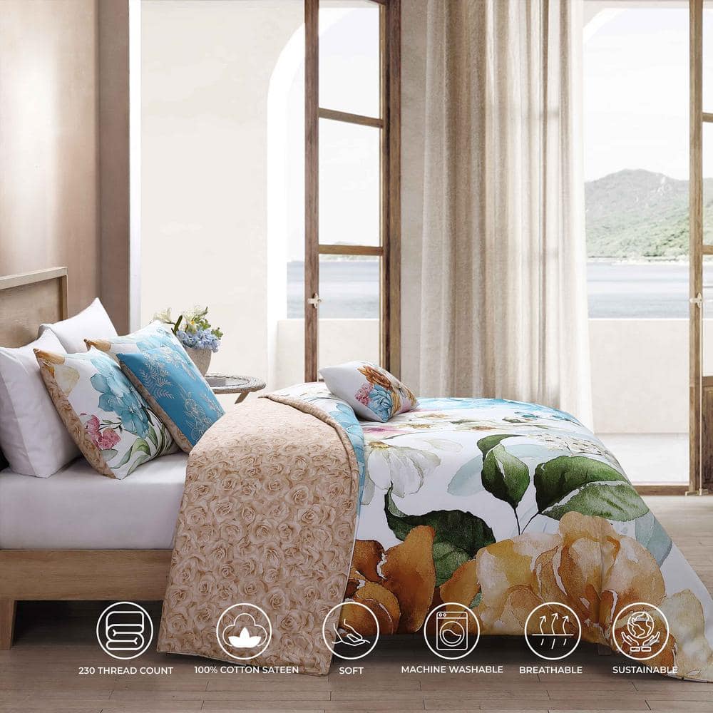 Blush and Blue Cotton Queen Reversible Floral Comforter Set
