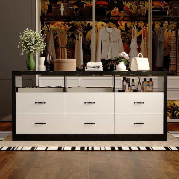 Black and White 6 Drawers 78.7 in. W Dresser Storage Cabinet Closet Island Chest of Drawers with 9 Shelves and 3 Doors