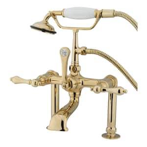 Lever 3-Handle Deck-Mount High-Risers Claw Foot Tub Faucet with Handshower in Polished Brass