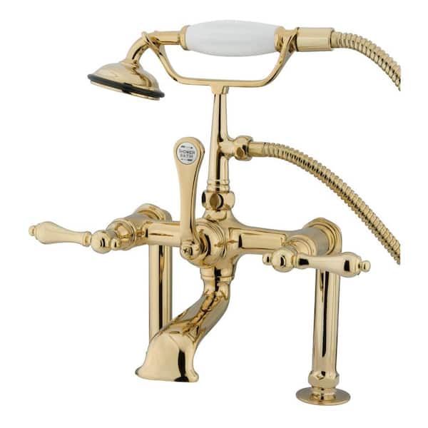 Aqua Eden Lever 3-Handle Deck-Mount High-Risers Claw Foot Tub Faucet with Handshower in Polished Brass