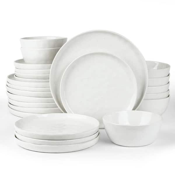 Ceramic 12-Piece White 24-Piece Stoneware Dinnerware Set for 8, - 10.25 in. Dinner Plates, 8 in. Salad Plates