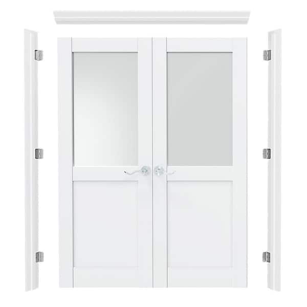 48in x 80in 1/2 Lite Frosted Glass Universal White Primed Double Prehung French Door with Quick Assemble Jamb & Handle