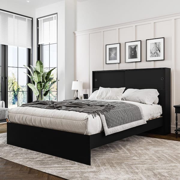 Black wood platform bed queen discount