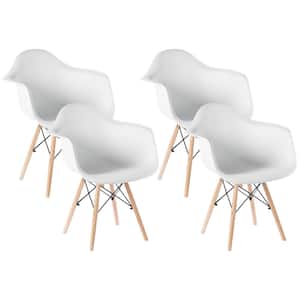 Mid-Century Modern White Style Plastic DAW Shell Dining Arm Chair with Wooden Dowel Eiffel Legs (Set of 4)