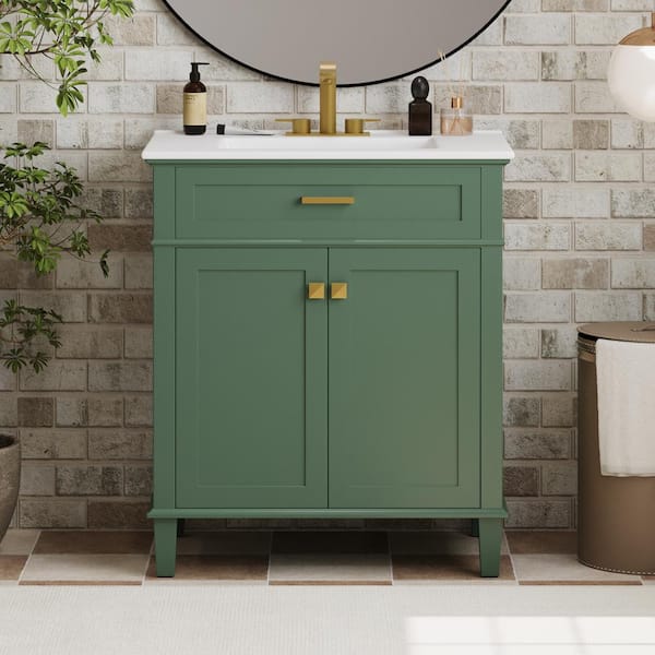 30 in. W Freestanding Bath Vanity in Green with White Ceramic Top and Sink, Adjustable Shelves