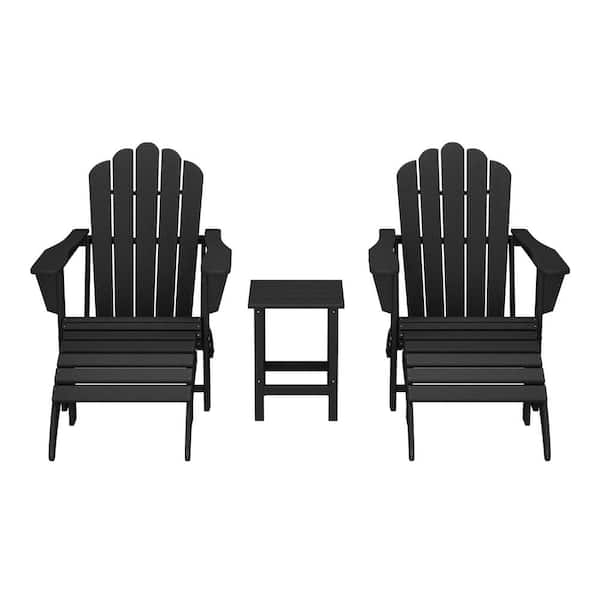 Aderson Black 5-Piece Outdoor Plastic Adirondack Chairs w/ Cupholders, Side Table, Ottoman Patio Conversation Set