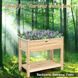 Natural Fir Wood Raised Bed with Bottom Shelf