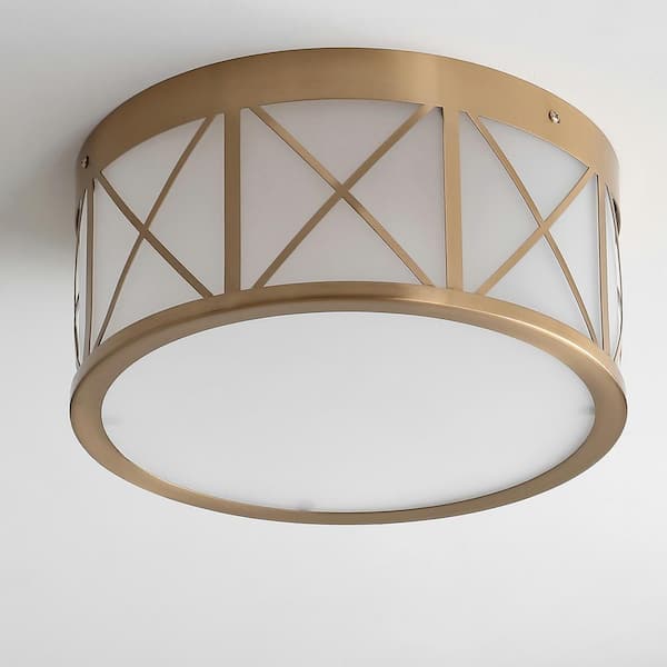 JONATHAN Y Cadence 13 in. Brass Gold Drum Metal/Glass Flush Mount