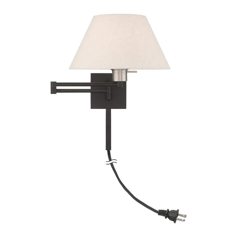 Classic Black Swing Arm Wall Lamp with Oatmeal Fabric Shade