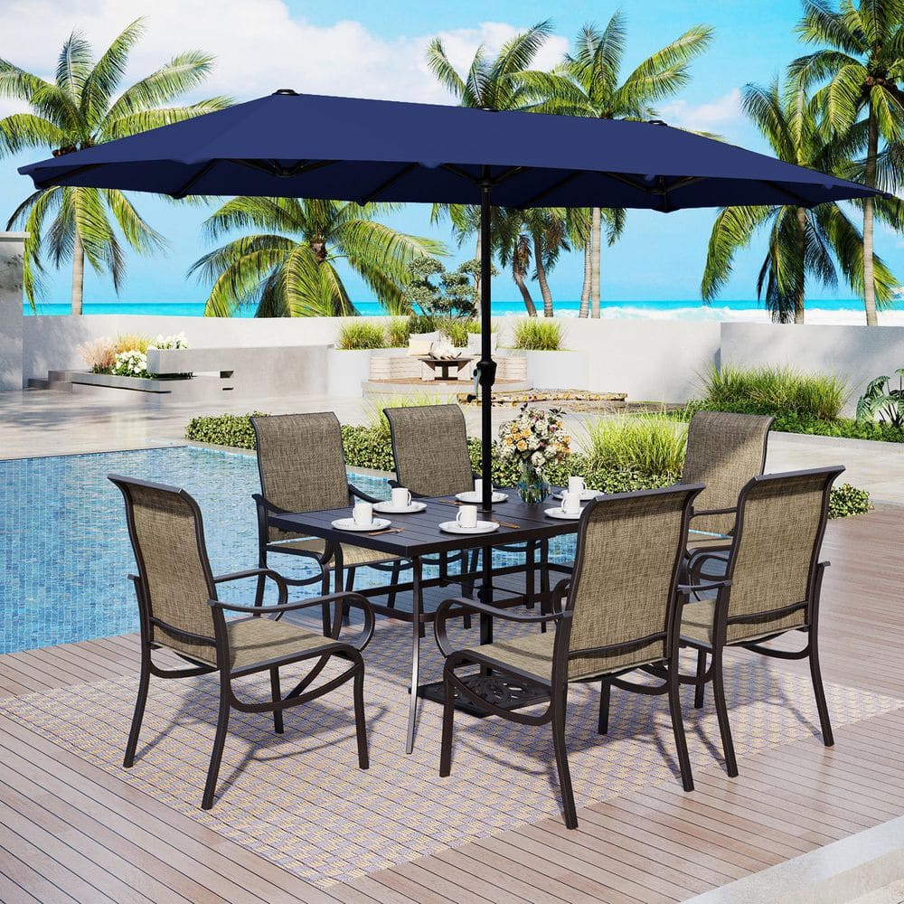 Black 8-Piece Metal Rectangle Patio Outdoor Dining Set with Table, Umbrella and Textilene Chairs price history on PriceWatchPro