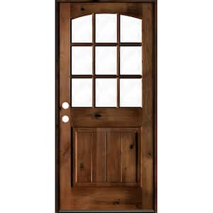 32 in. x 80 in. Knotty Alder Right-Hand/Inswing 9-Lite Arch Top Clear Glass Provincial Stain Wood Prehung Front Door
