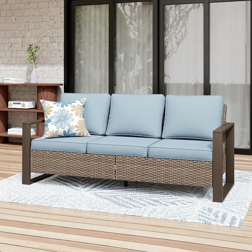 Brown All-Weather Wicker Outdoor 3-Seat Couch with Curved Back Light Blue Cushions, Sofa Cover price history on PriceWatchPro