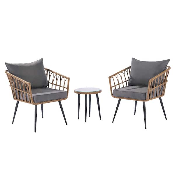 GAWEZA 3-Piece PE Rattan Wicker Patio Conversation Set with Dark Gray Cushions