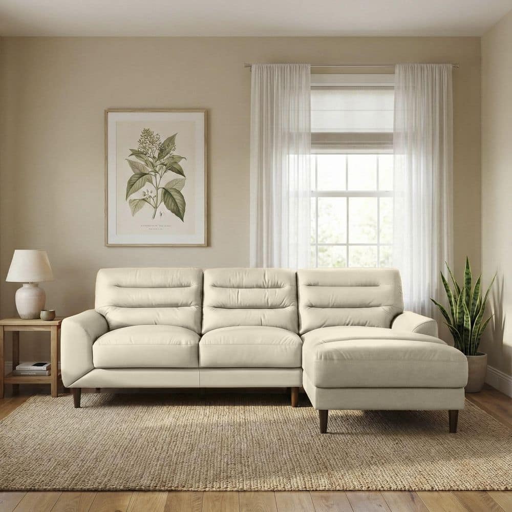 Charleston 96.5 in. Round Arm 2-Piece Channel-Stitched Genuine Leather L-Shaped Right Facing Sectional Sofa in Cream price history on PriceWatchPro