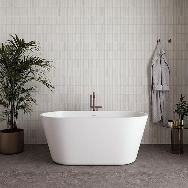 54 in. x 29 in. Acrylic Freestanding Soaking Bathtub in Glossy White with Brushed Gold Drain