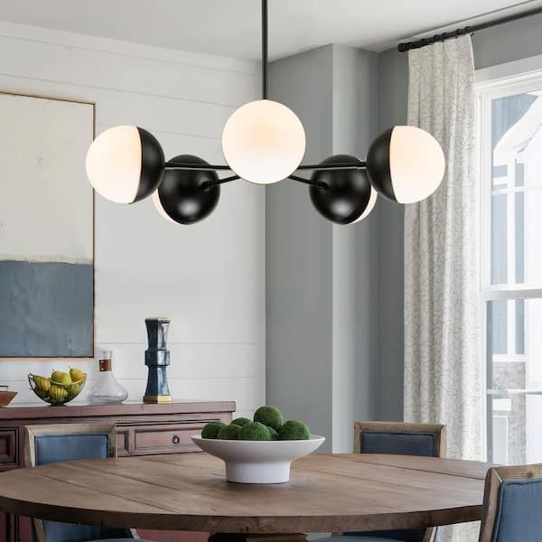 RRTYO Altamae 5-Light Black Magic Bean Unique Modern Chandelier with Milky White Glass Shades