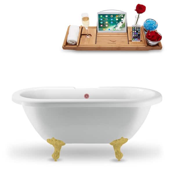 Streamline 67 in. x 29.1 in. Acrylic Clawfoot Soaking Bathtub in Glossy White with Brushed Gold Clawfeet and Matte Pink Drain