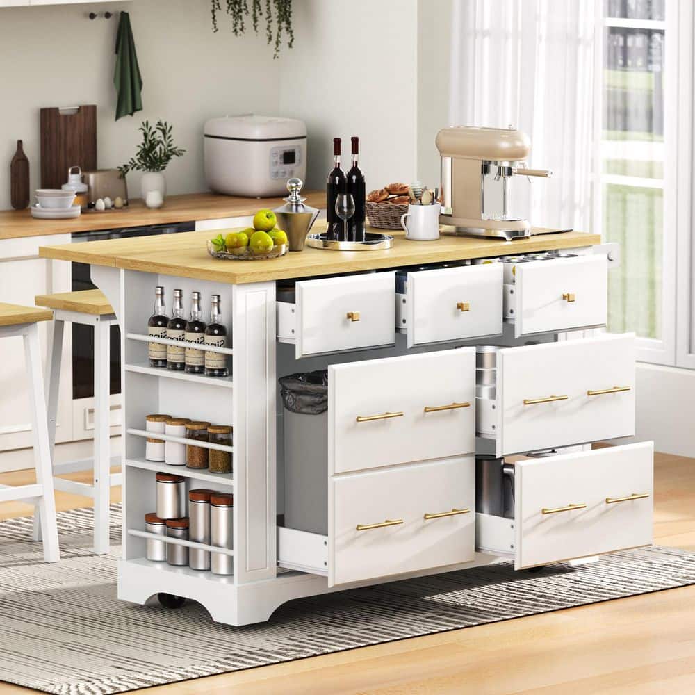White Kitchen Island Cart with Storage Cabinet and Two Locking