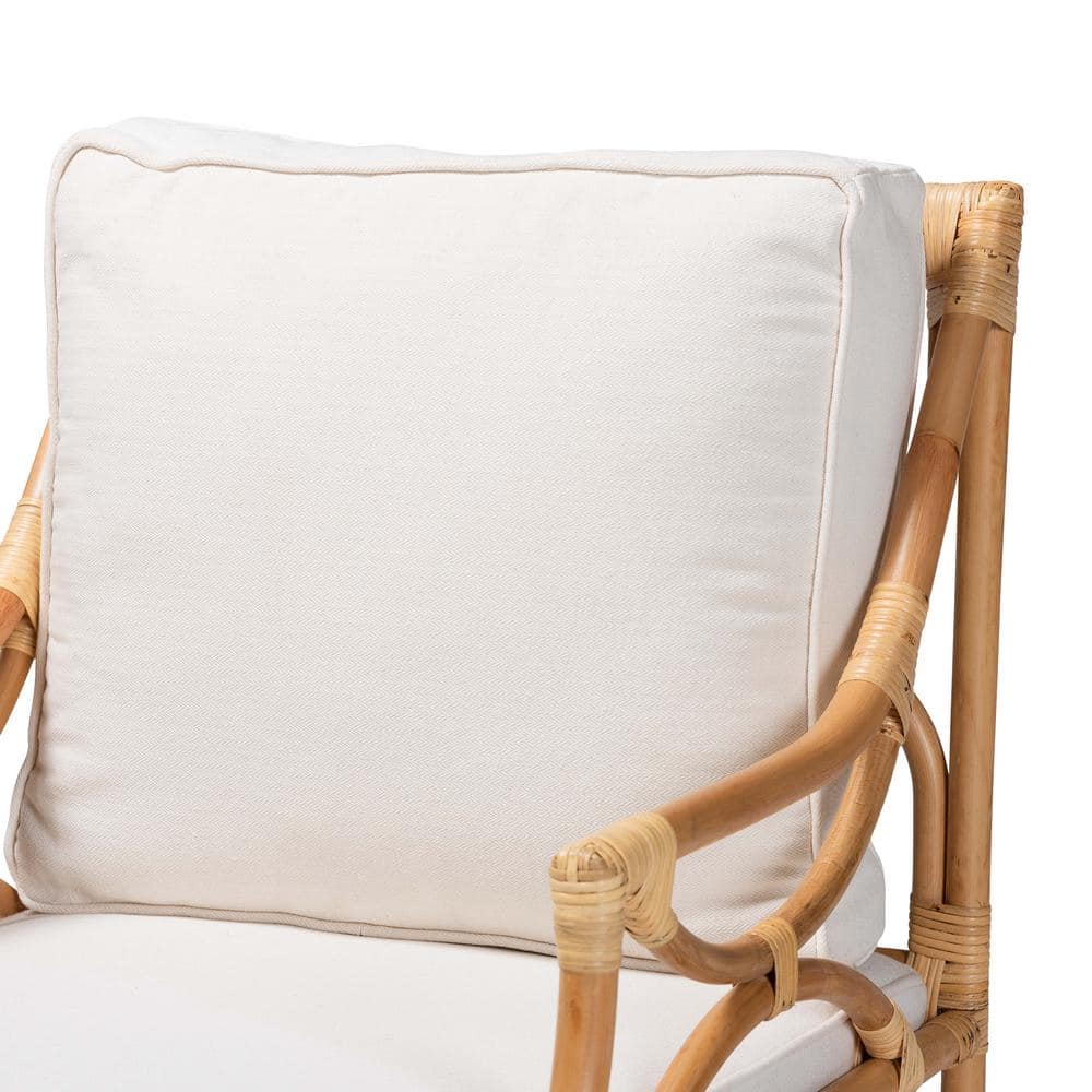 Natural Brown Rattan Armchair with White Cushions
