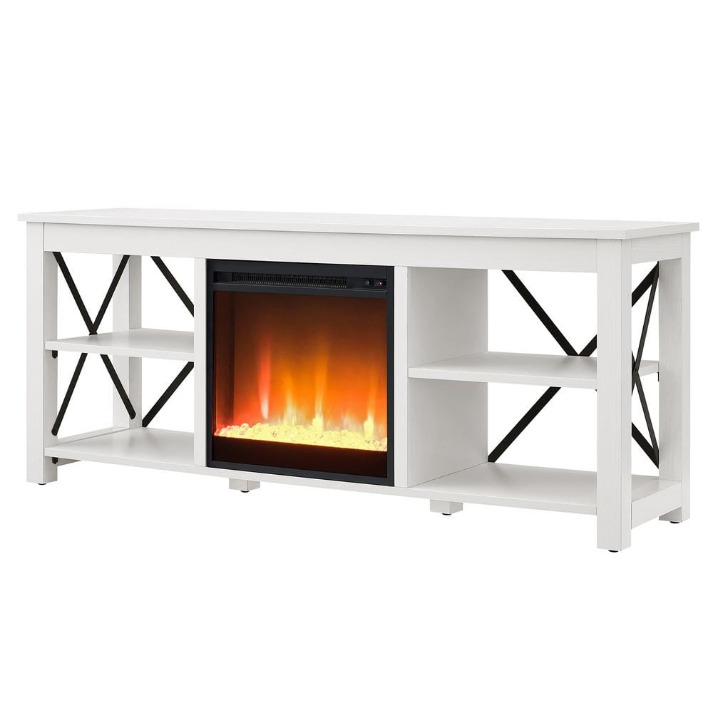 White Rectangular TV Stand with Crystal Fireplace Insert